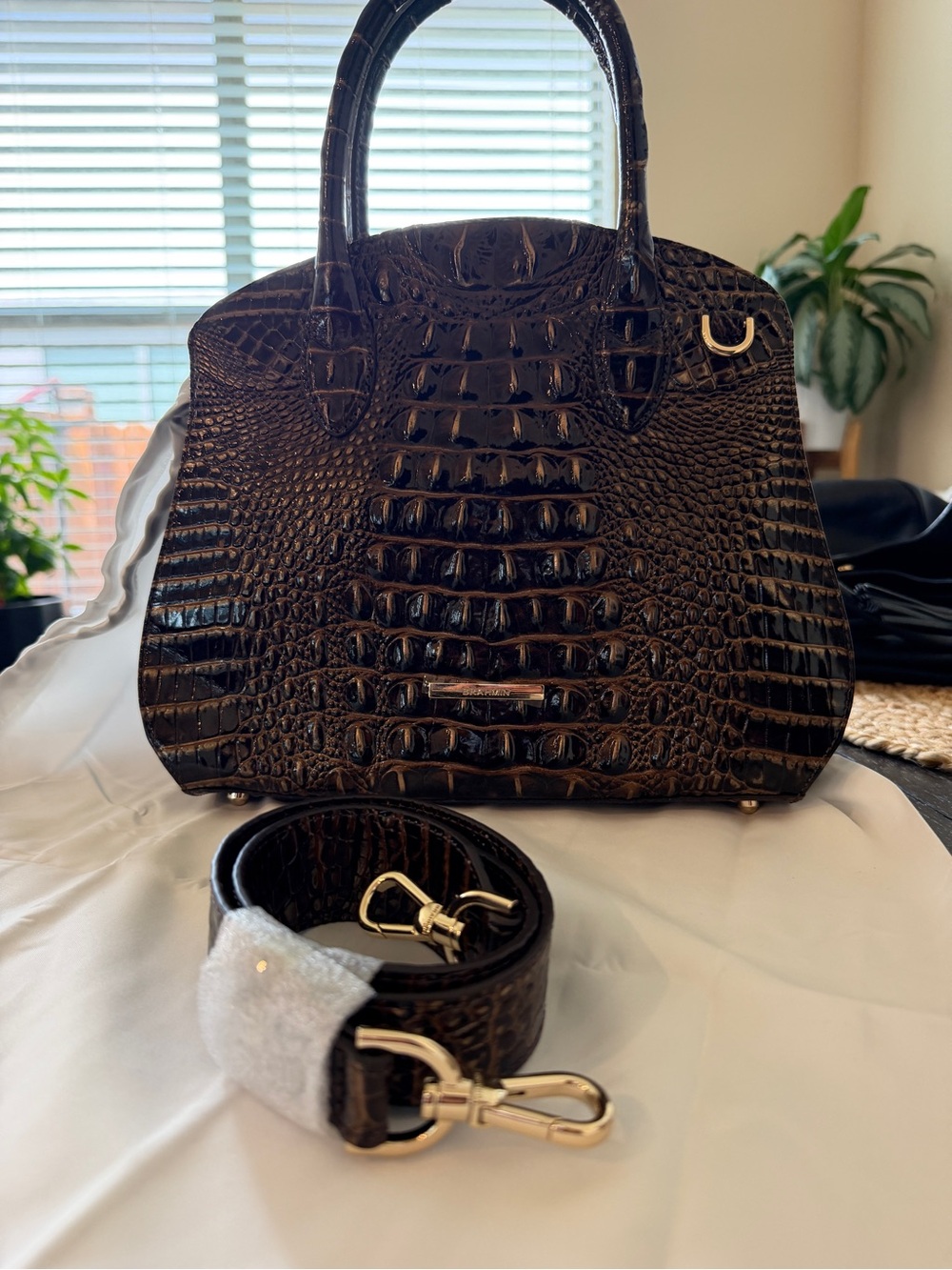 Brahmin Chocolate Melbourne Croc-Embossed Structured Satchel